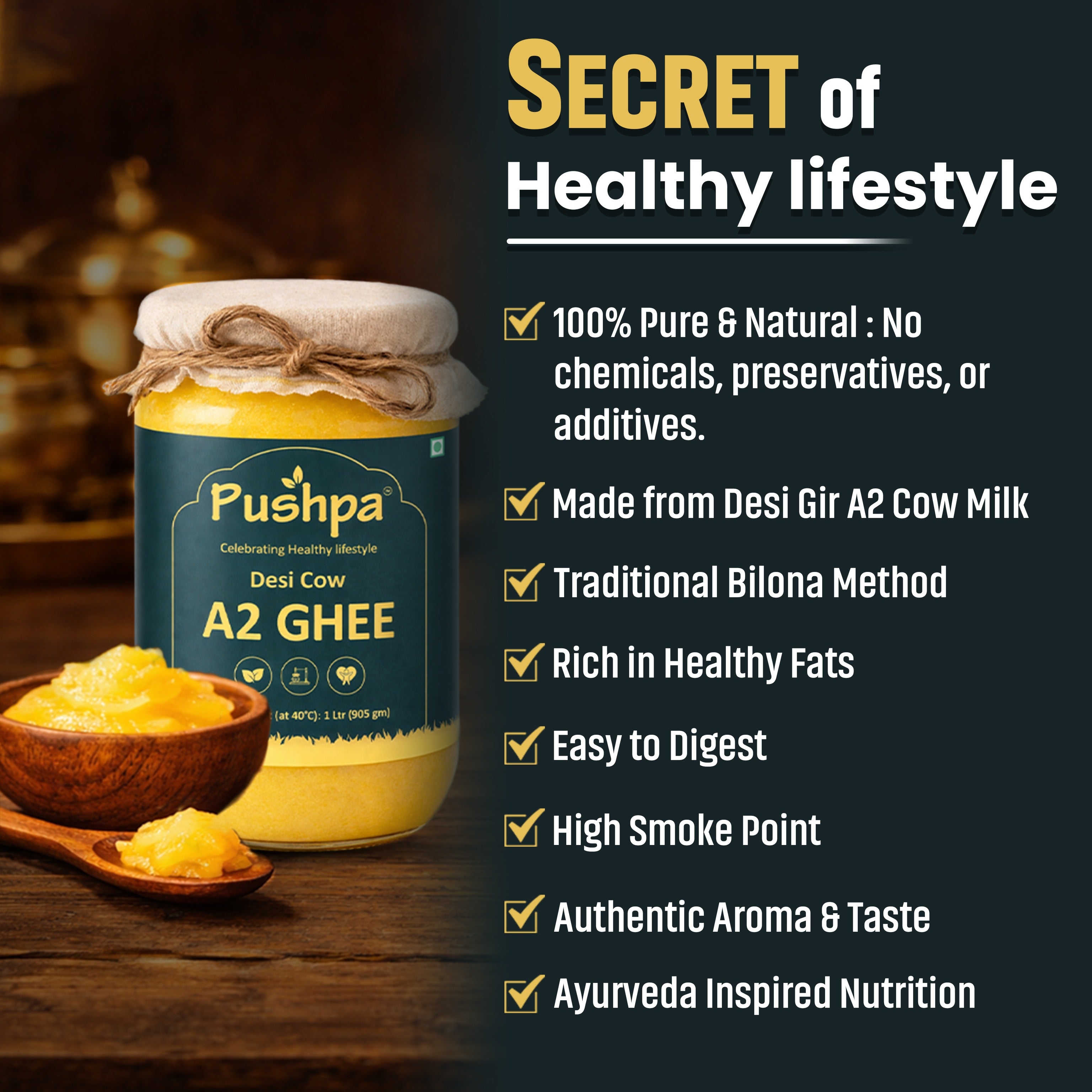 Pushpa A2 Desi Cow Ghee - 1 L